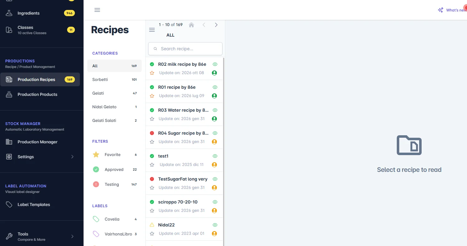 Ricette di produzione in ReadyTGo: categorie di ricette con filtri approvate e in prova, pronte da leggere in laboratorio.
